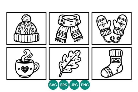 Cozy Winter Hat Scarf Mittens Line Art