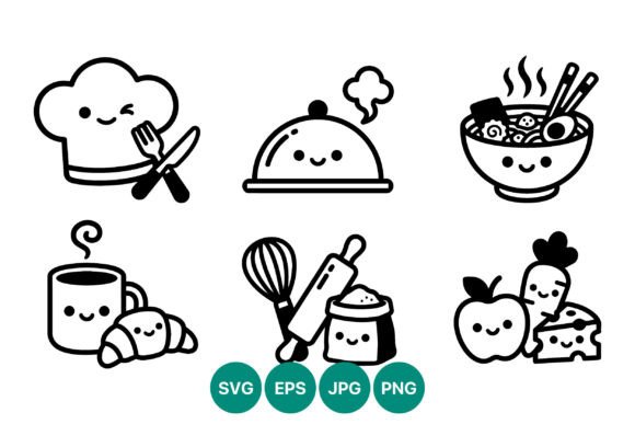 Cute Kitchen Chef Food Icon Set