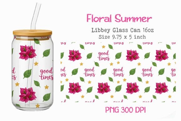 Floral Summer 16oz Glass Can Wrap PNG