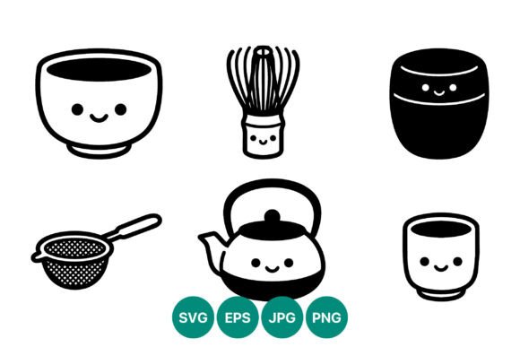 Kawaii Cute Black White Tea Set Vector